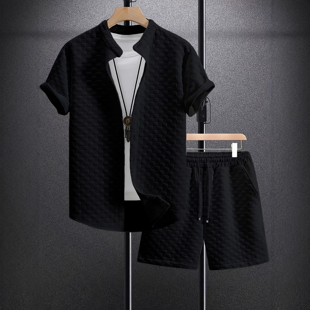 Men's Jacquard Casual Short Sleeve Shirt Outfit