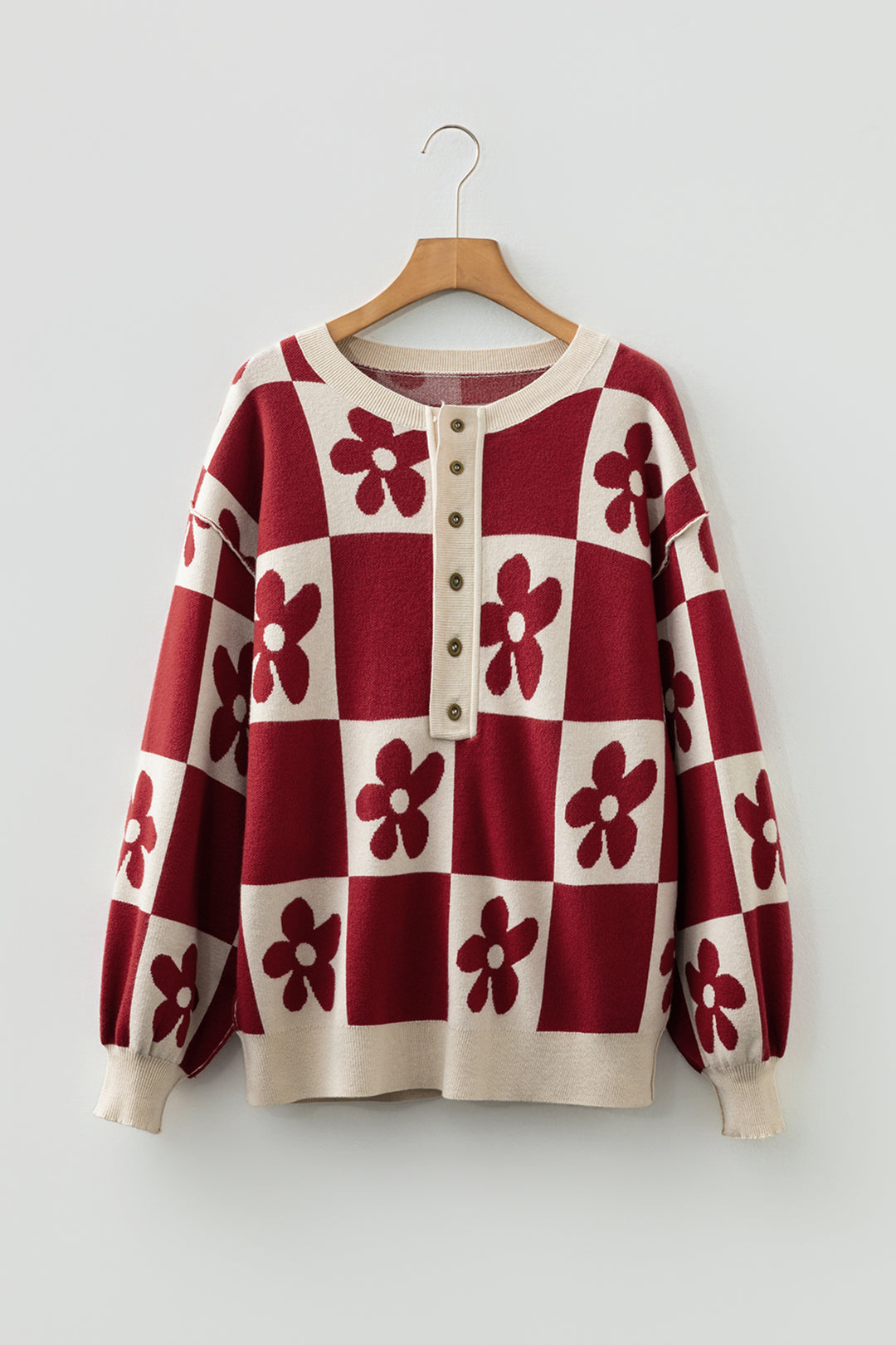 Red Dahlia Flower Plaid Henley Baggy Sweater