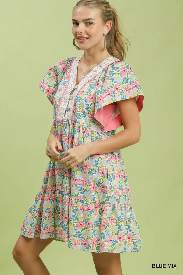 Umgee Mix Floral Tiered Mini Dress with Side Pockets