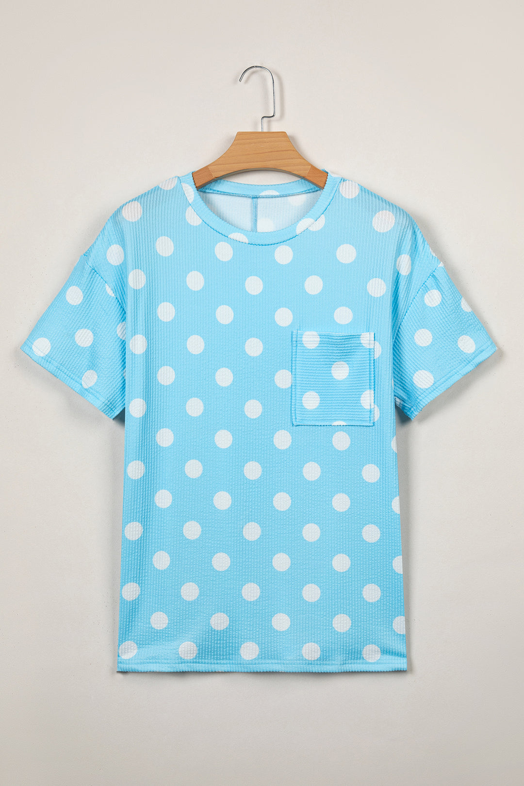 Sky Blue Polka Dot Round Neck Drop Shoulder Patch Pocket Jacquard Texture Top