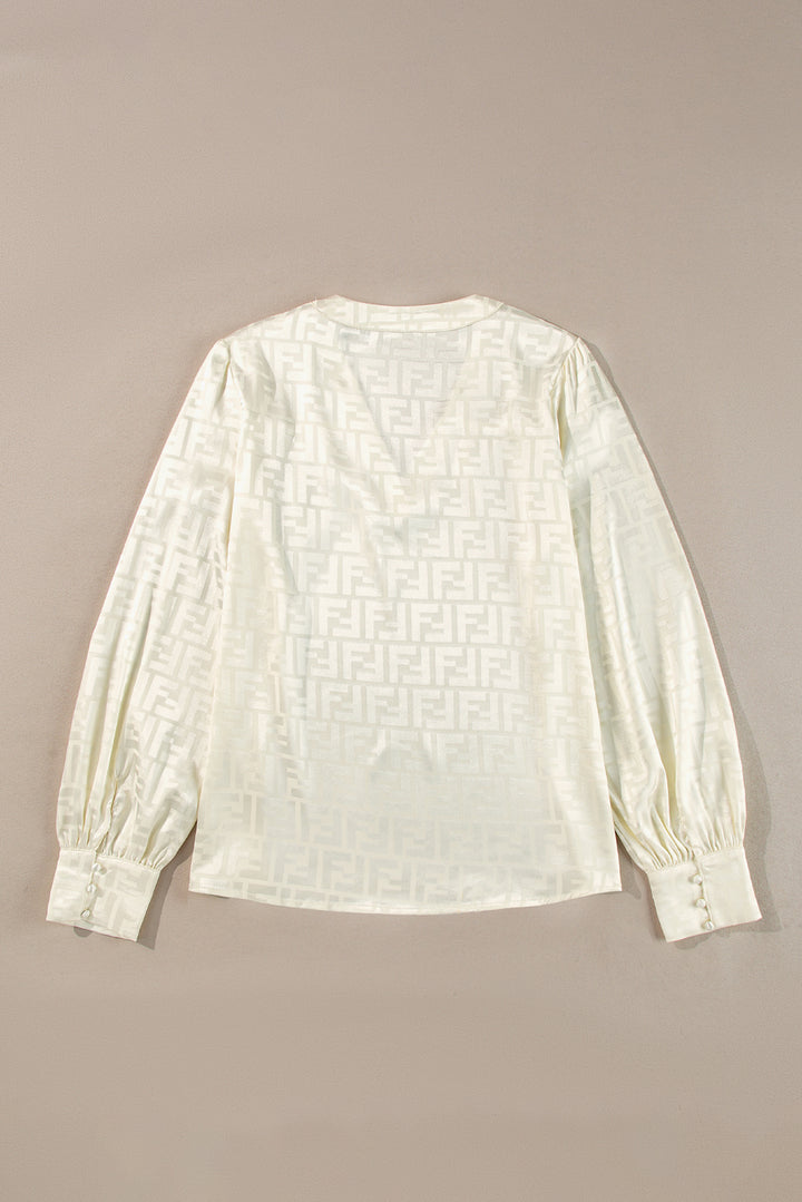 Oatmeal Geometric Jacquard V Neck Bishop Sleeve Blouse