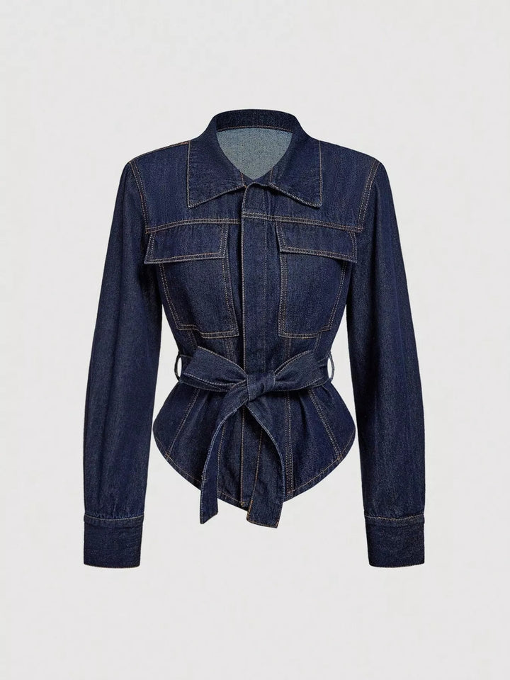 Tie Waist Long Sleeve Denim Jacket