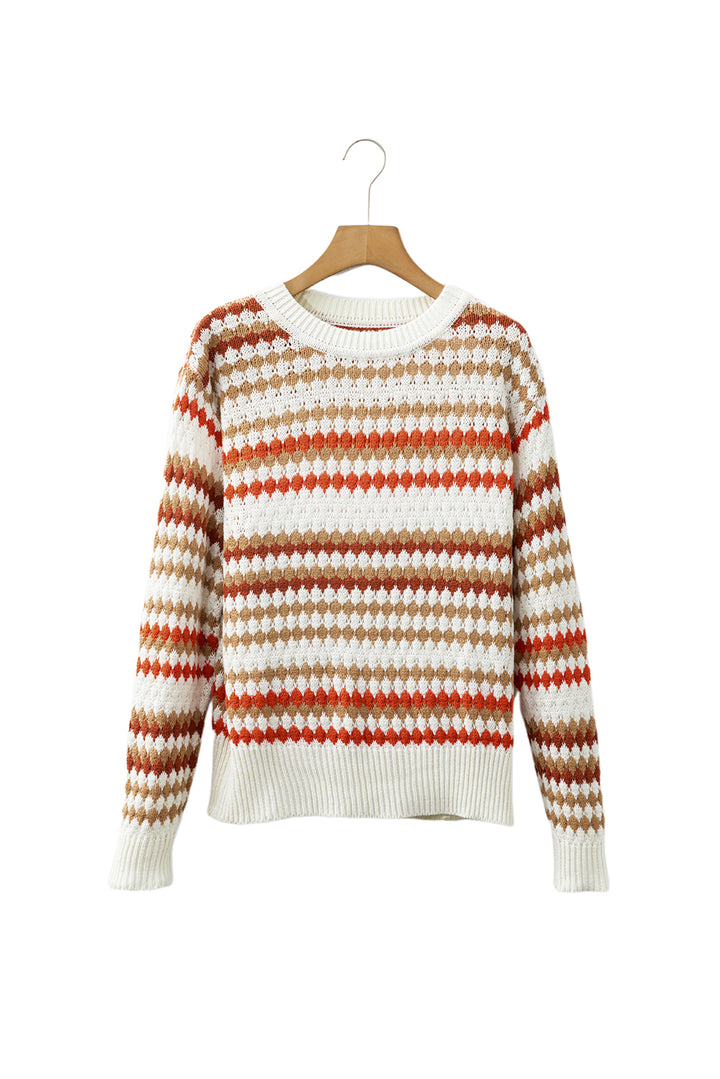 Brown Stripe Eyelet Patterned Drop Shoulder Sweater