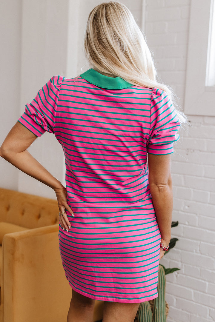 Robe t-shirt à rayures roses, col en V, manches bouffantes