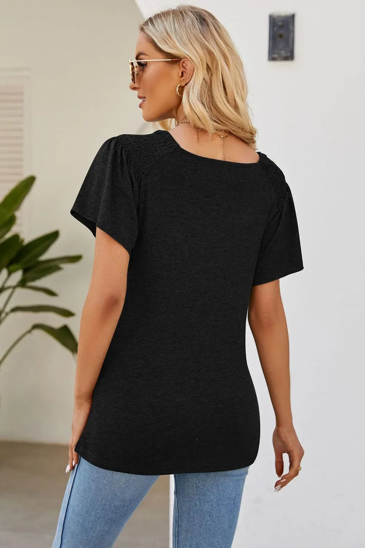 Smocked Round Neck Flutter Sleeve T-Shirt