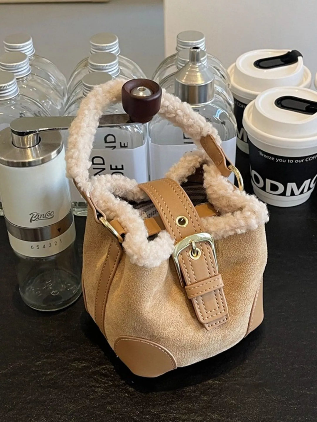 Fuzzy Trim Bucket Crossbody Bag