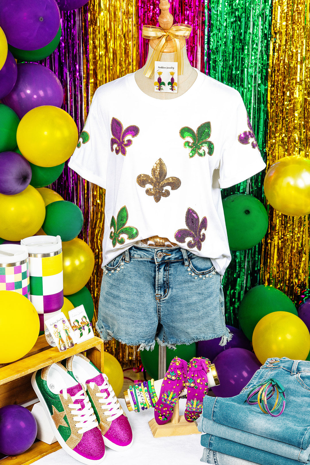 White Mardi Gras Fleur De Lis Sequin Graphic T Shirt