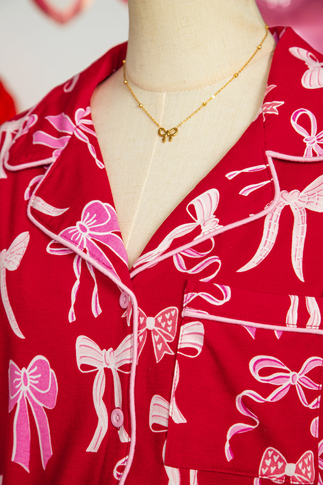 Red Sweet Bow Print Ruffled Short Sleeve Shirt Shorts 2pcs Pajama Set