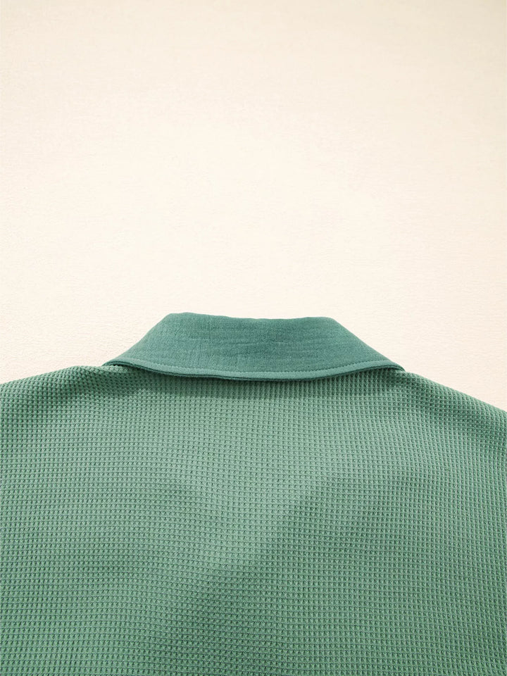 Waffle Knit Vintage Patchwork Button Up Loose Shirt