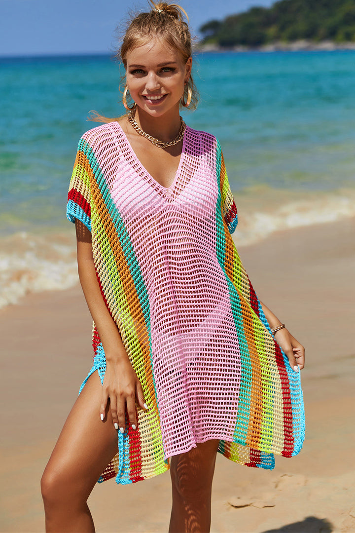 Lightweight Openwork Striped Knit Beach Cover-Up
