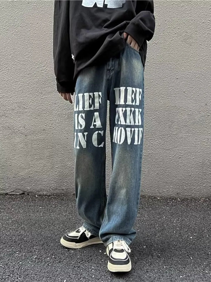 Men's Full Size Letter Graphic Wide Leg Jeans Plus Size