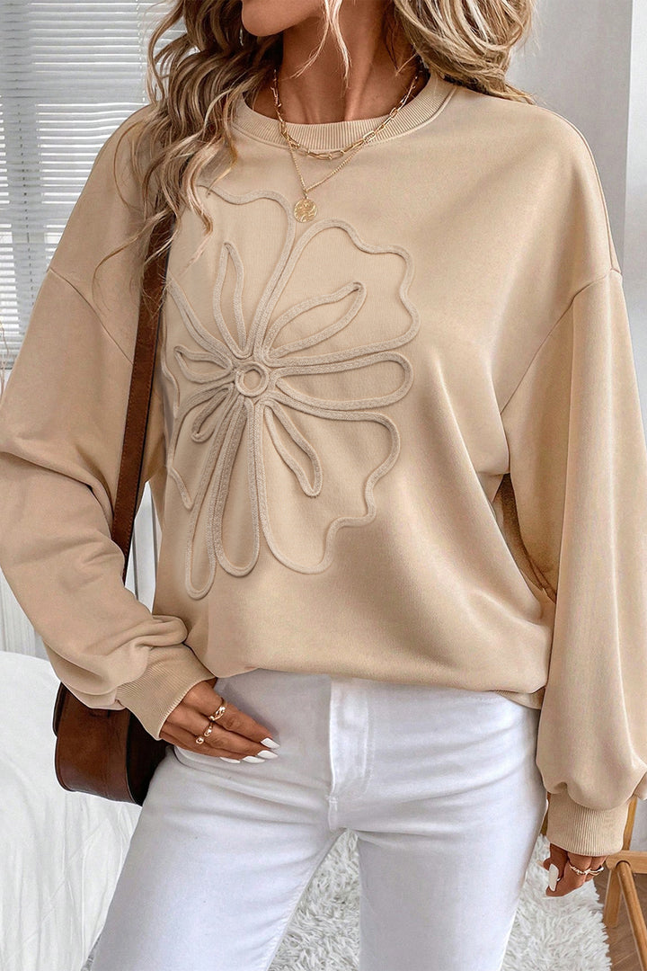 Parchment Embroidered Flower Pattern Drop Shoulder Sweatshirt