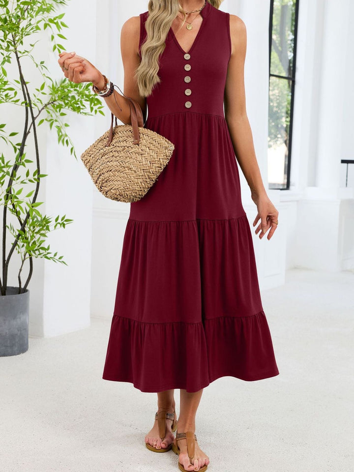 Sleeveless Notched Tiered Midi Dress