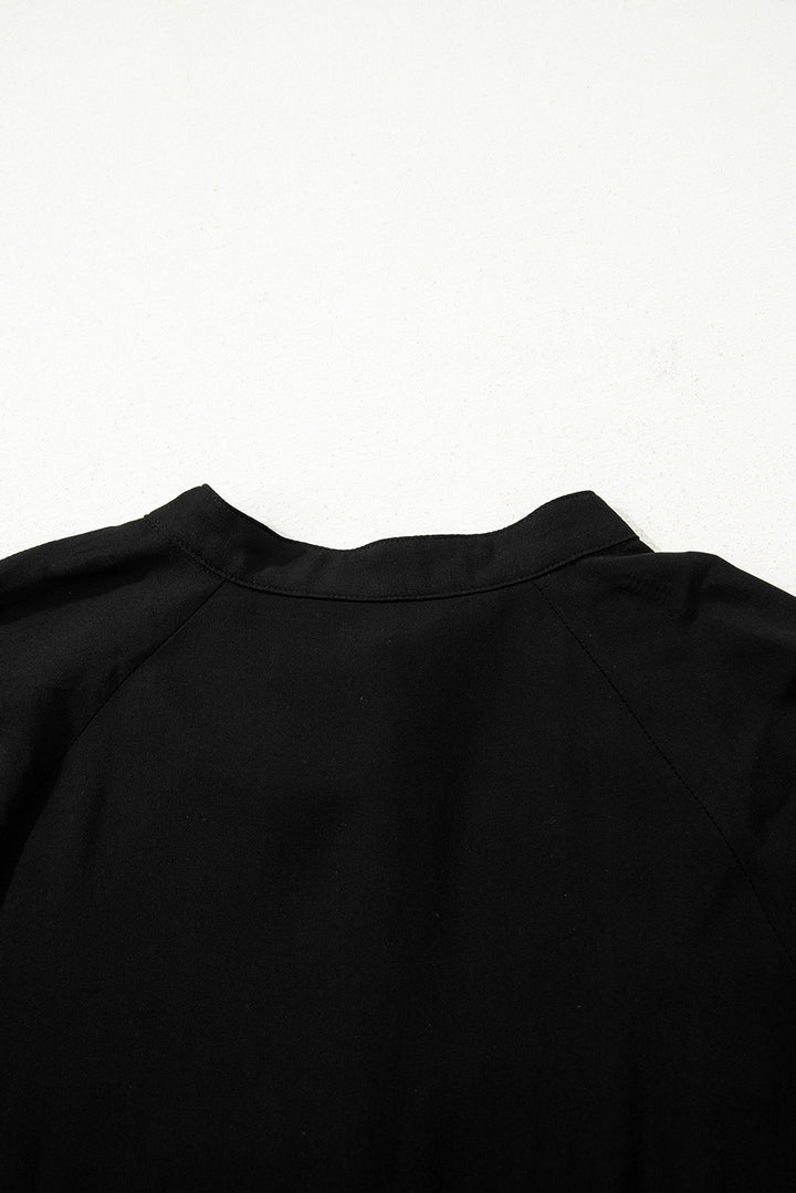Black Hidden Buttons Short Sleeve Ruffle Tiered Long Flared Dress