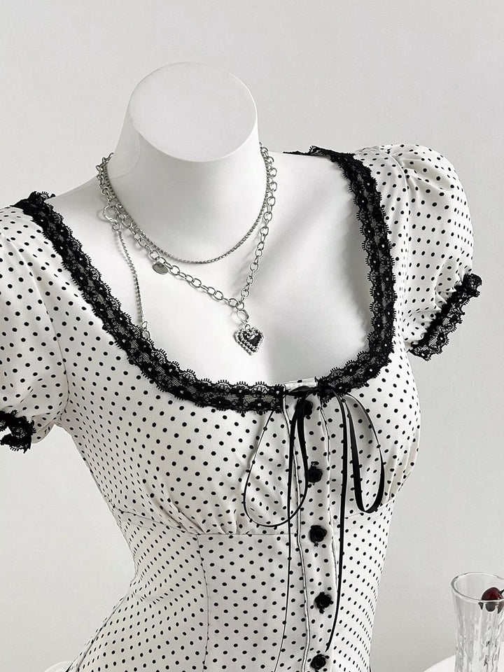 Polka Dot Lace Trim Puff Sleeve Top