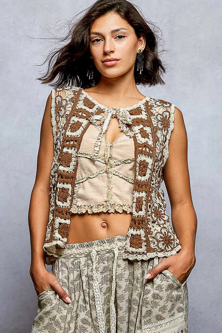 POL Tie Front Floral Pattern Crochet Vest with Scalloped Edge