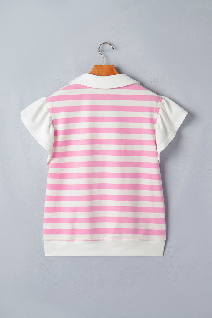Pink Stripe Collar V Neck Ruffled Short Sleeve Blouse