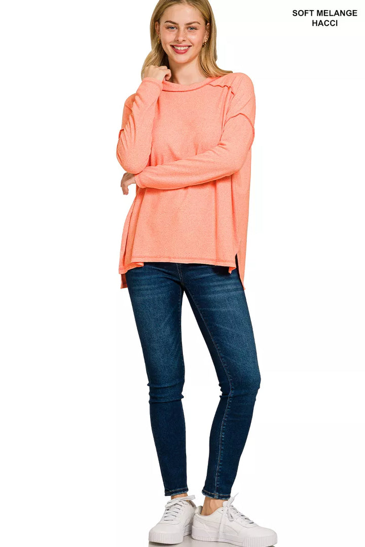 Zenana Full Size Melange Hacci Exposed Seam Hi-low Tee Plus Size