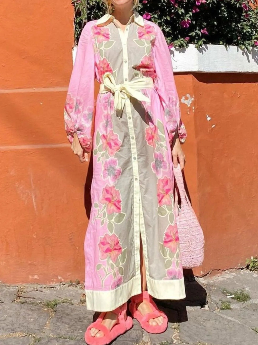 Floral Print Long Sleeve Maxi Shirt Dress