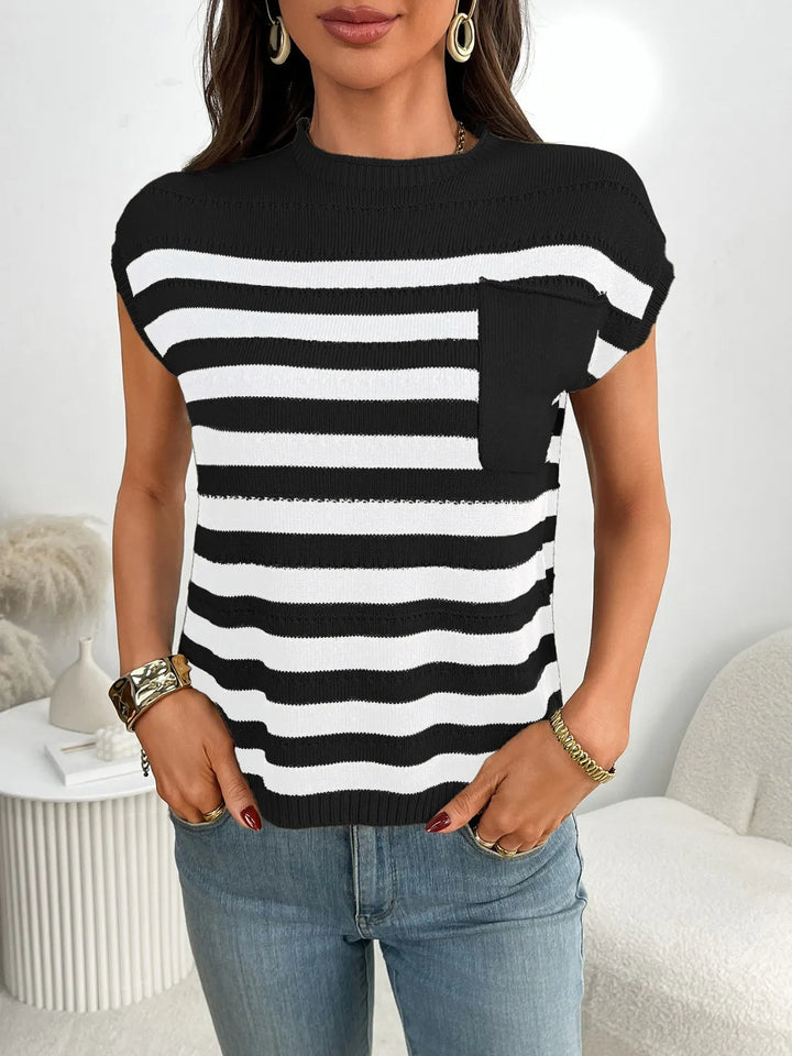 Striped Mock Neck Cap Sleeve Knit Top