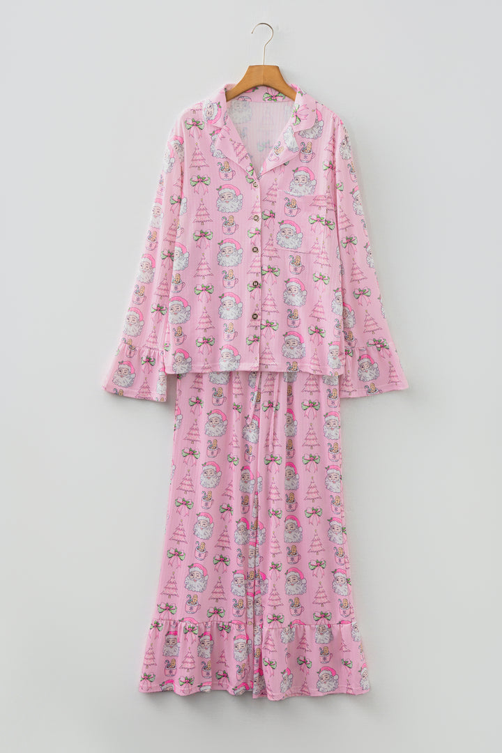 Pink Christmas Print Ruffled Ribbed Shirt & Pants 2 Piece PJ Set