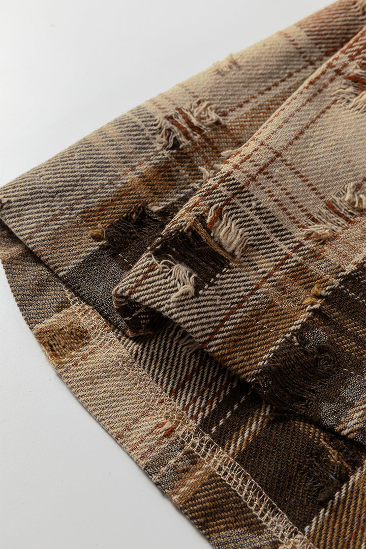 Oatmeal Boho Floral Plaid Patchwork Distressed Detail Ruffled Sleeve Waffle Knit Shacket