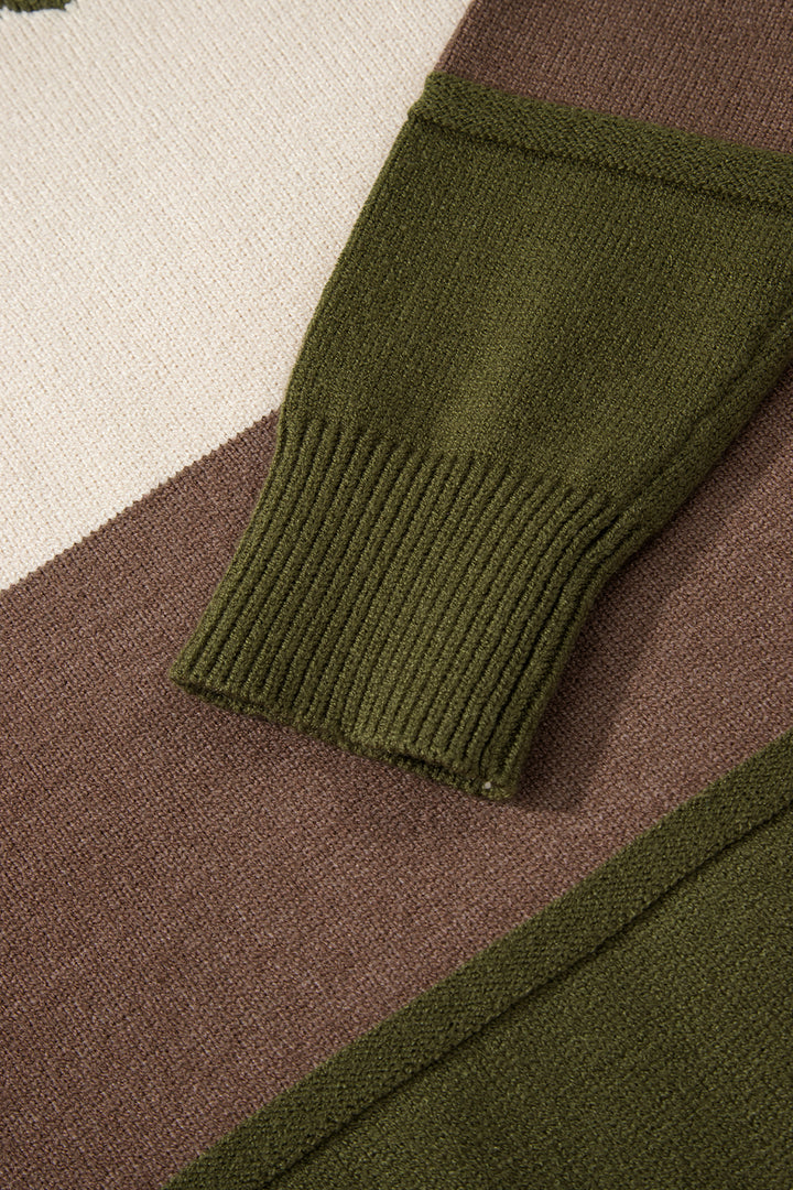 Brown Colorblock Crew Neck Drop Shoulder Sweater