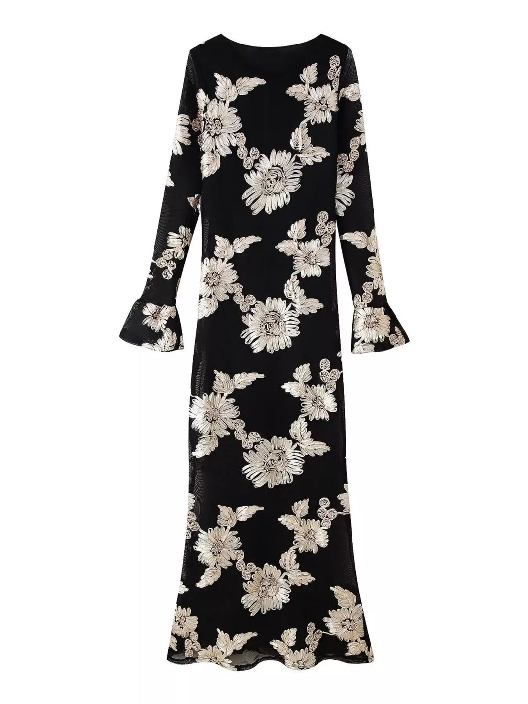 Floral Flounce Sleeve Round Neck Dress