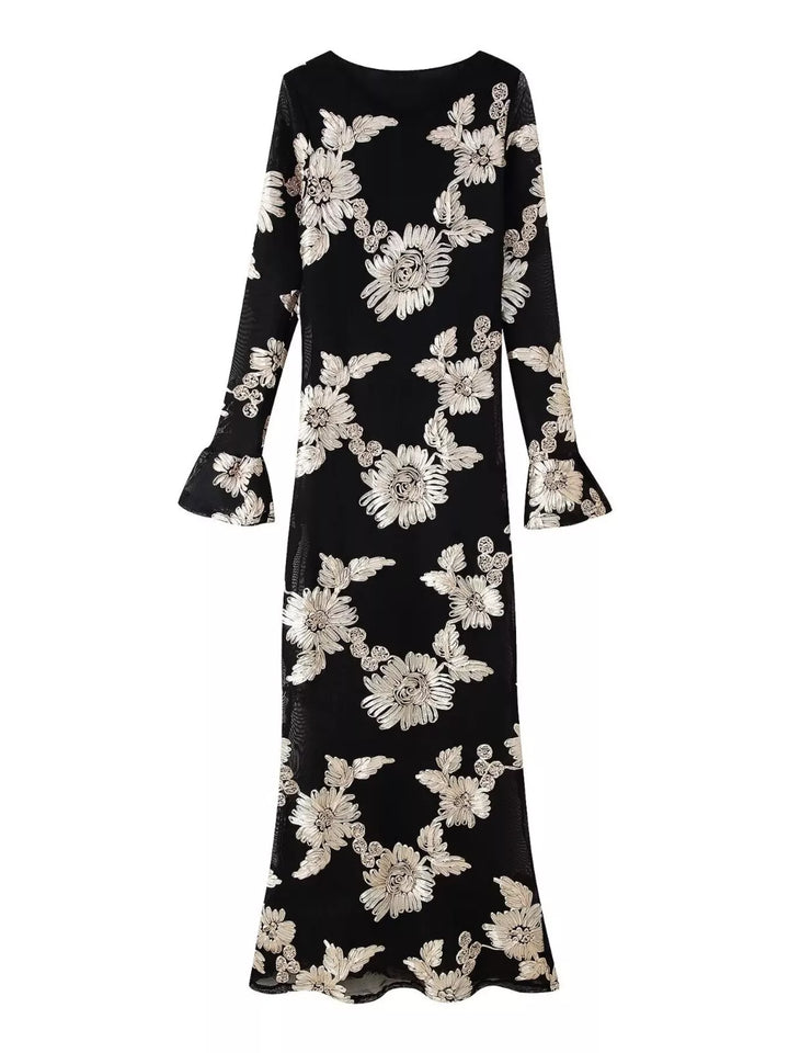Floral Flounce Sleeve Round Neck Dress