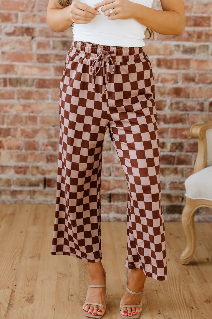 Khaki Checkered Elastic High Waist Loose Casual Pants