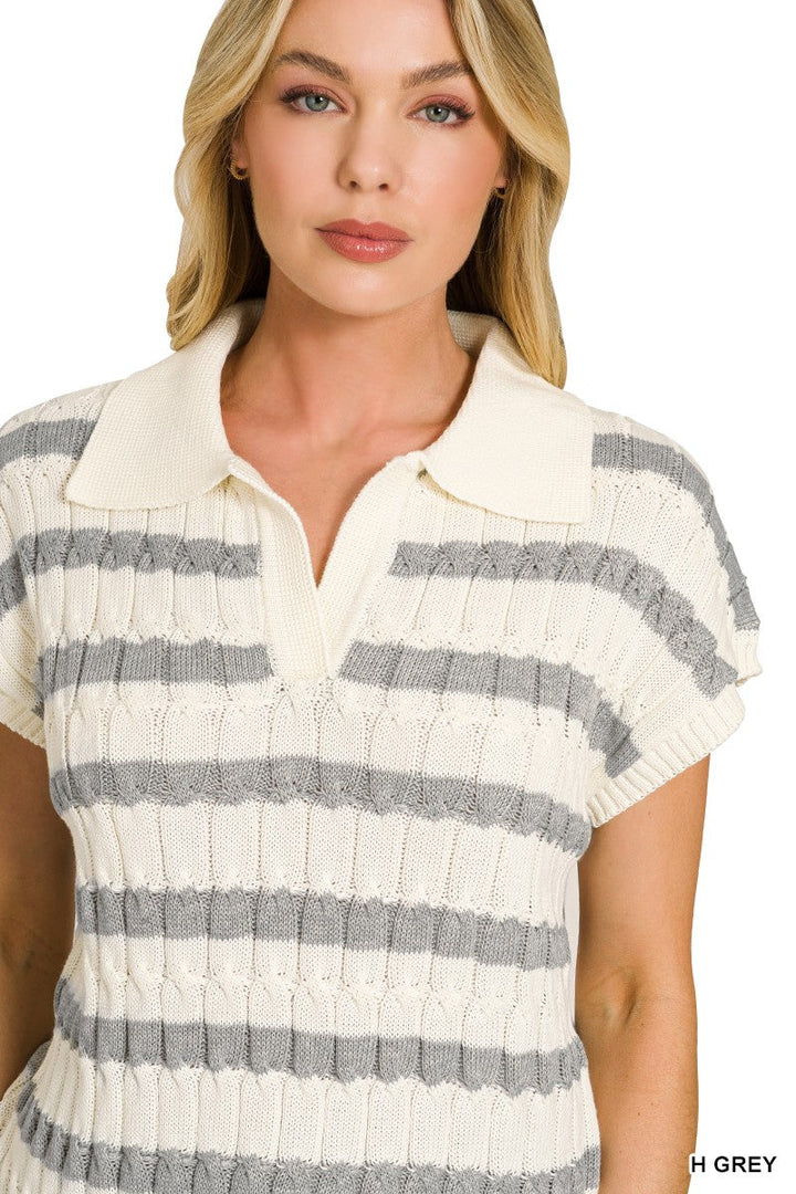 Zenana Textured Stripe Collared Sweater Vest