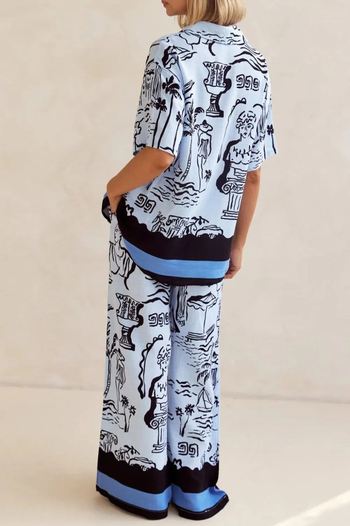 Printed Button Up Shirt and Pants Set Plus Size