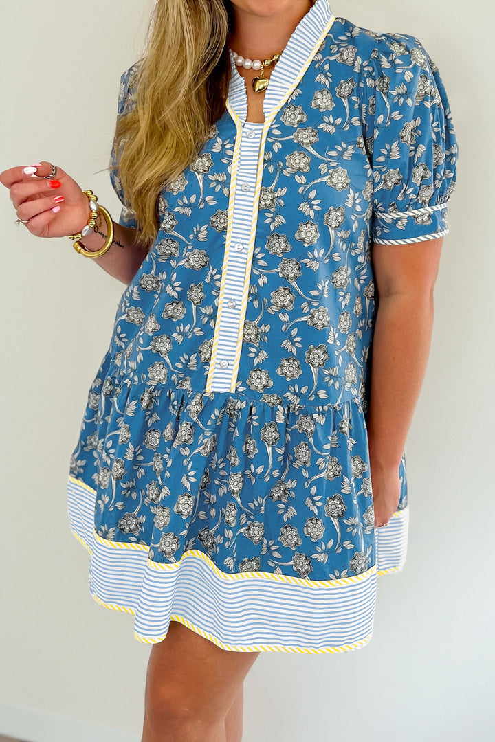 Blue Plus Size Floral Print Striped Patchwork Detail Button Front Ruffle Hem Dress