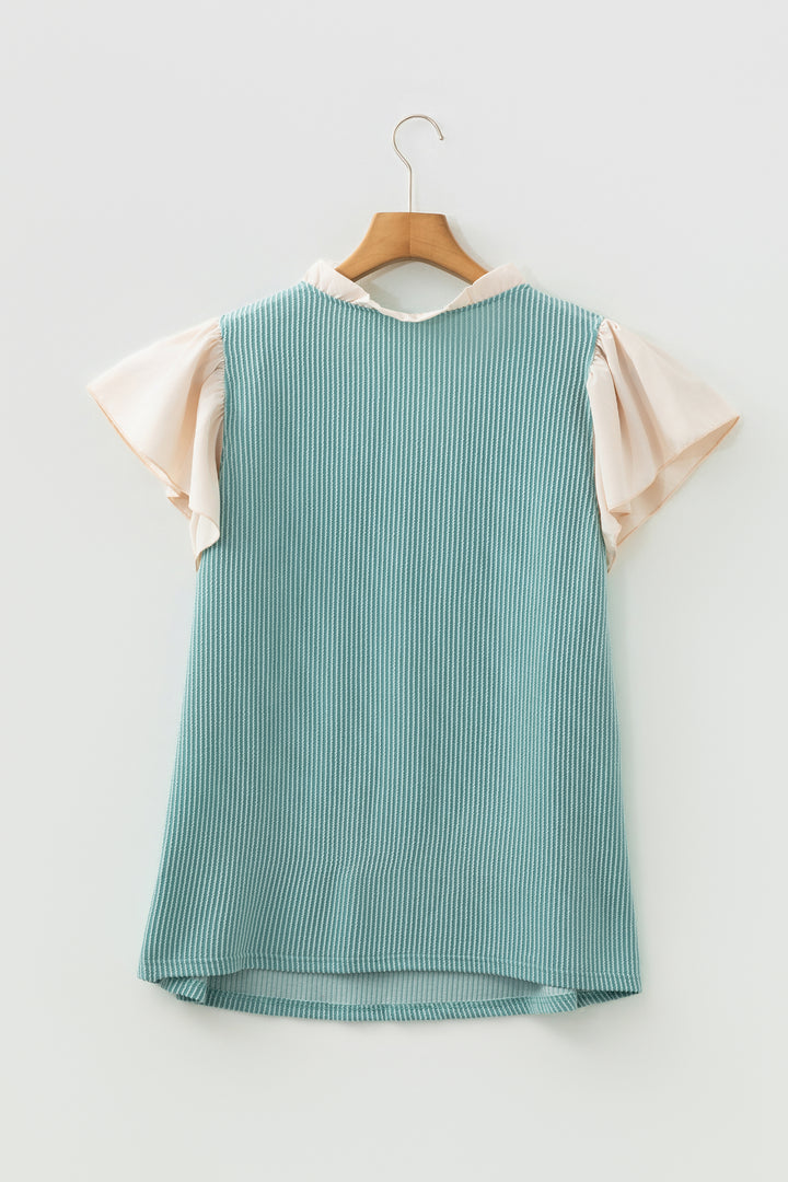 Light Blue Plus Size Contrast Frilled Neckline Ruffled Short Sleeve Ribbed Textured Blouse