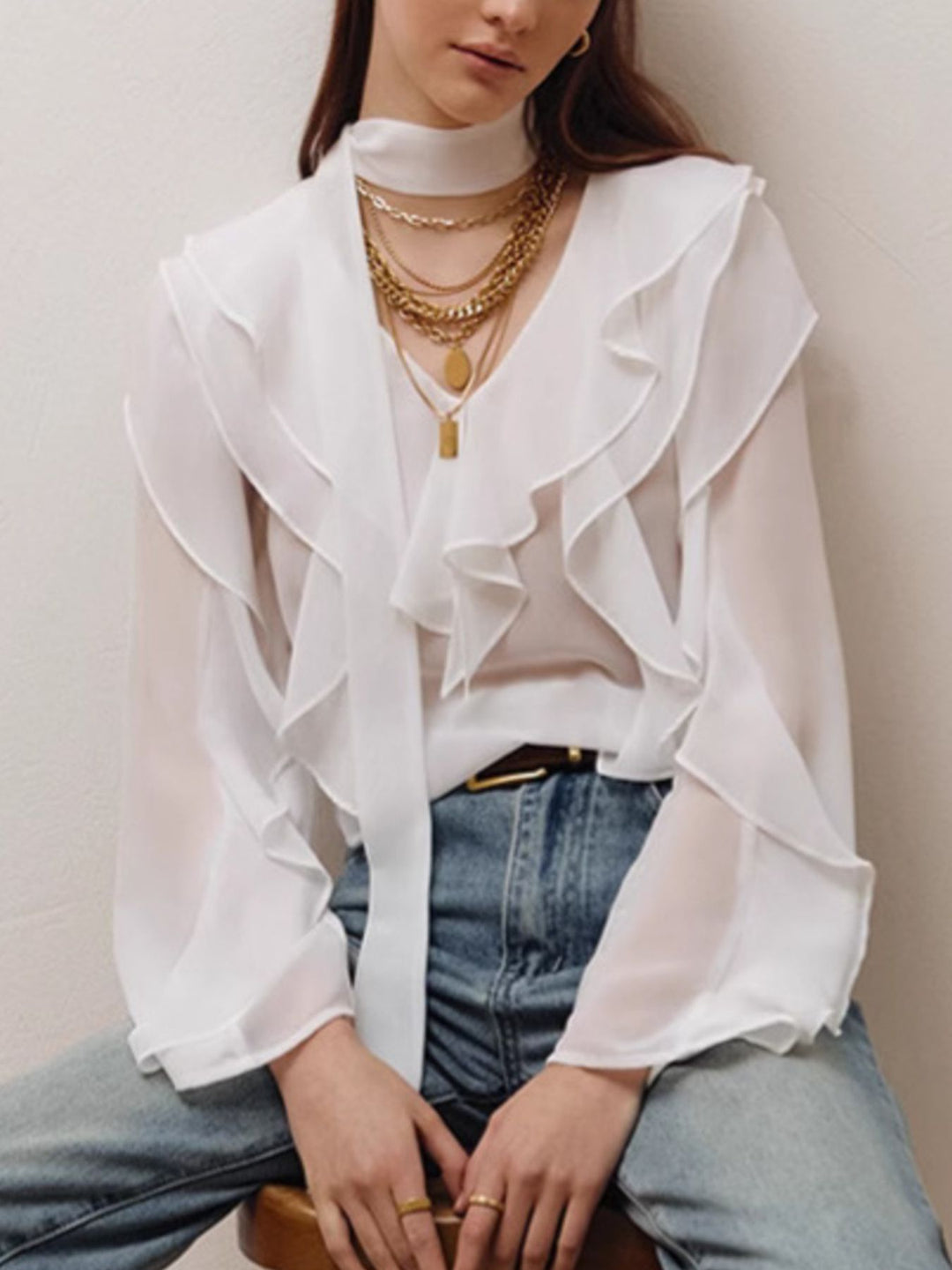 Ruffle Trim Chiffon Blouse