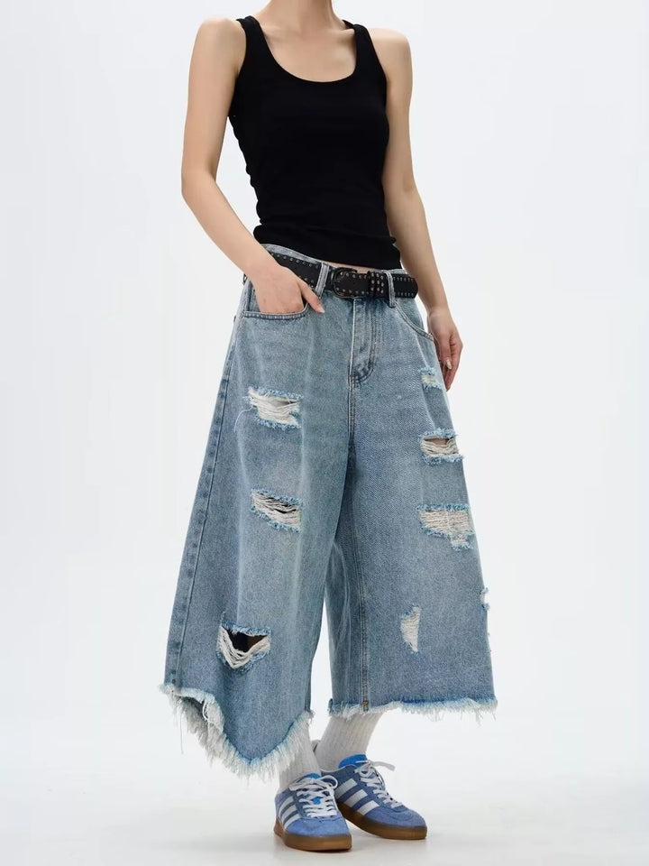 Men's Full Size Distressed Raw Hem Wide Leg Jeans Plus Size