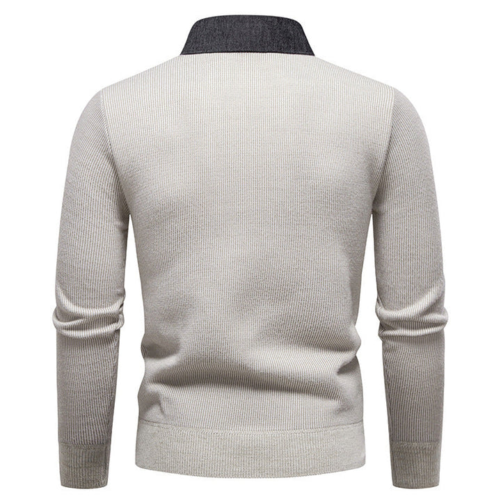 Mens Faux Two-piece Base-layer Knit Casual Shirt-collar Sweater