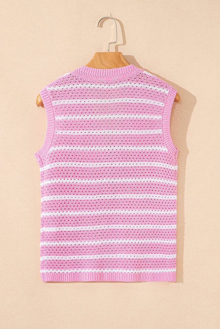 Pink Stripe V Neck Gold Buttons Elegant Sweater Vest