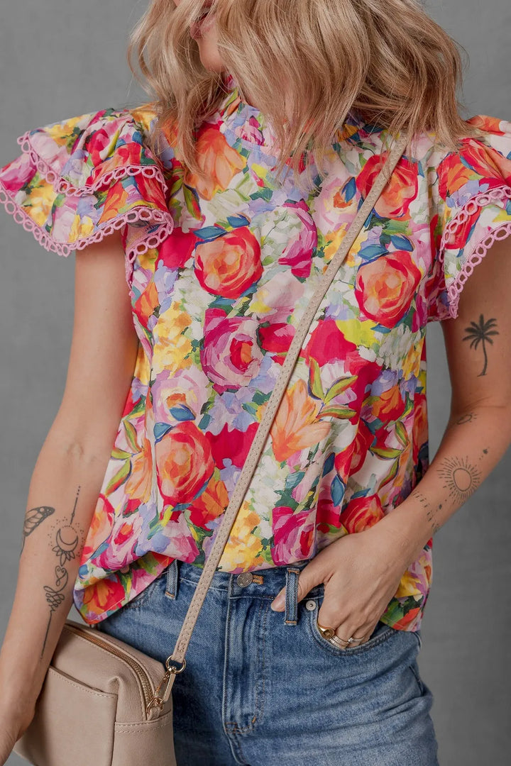 Lace Trim Ruffle Cap Sleeve Floral Blouse