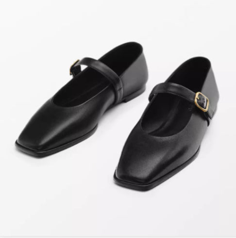 Genuine Leather Square-toe Flat Shoes For Women With Shallow Mouth And Single Strap