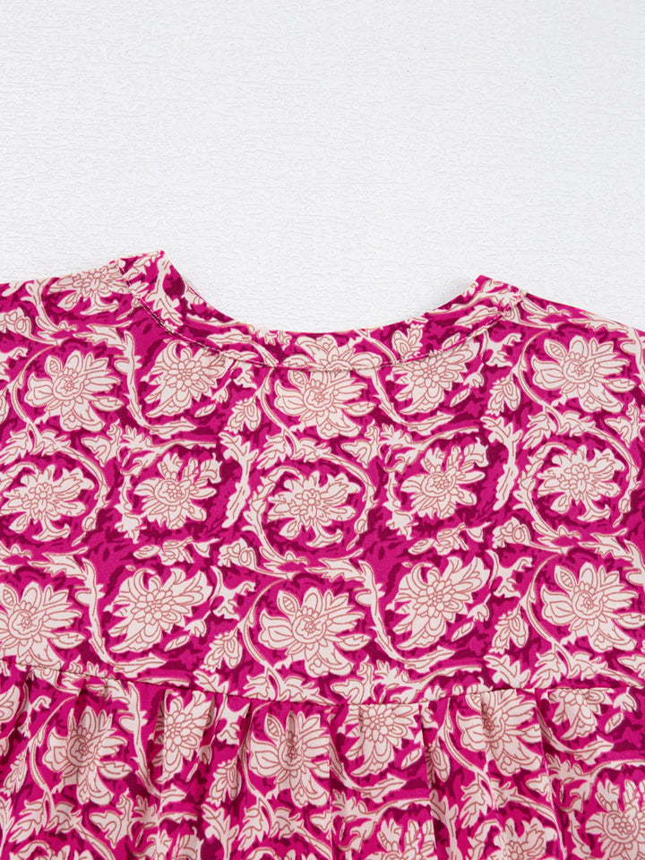 Floral Print Split Neck Pleated Long Sleeve Blouse