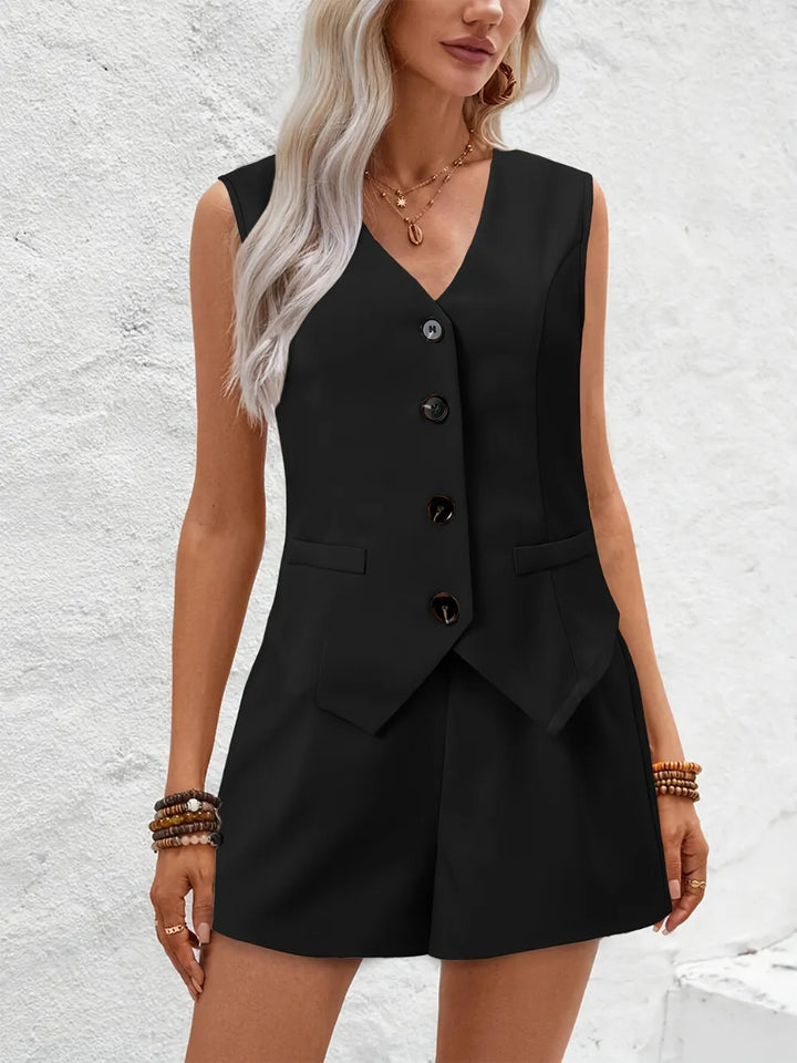 V-Neck Button Down Vest and Shorts Set