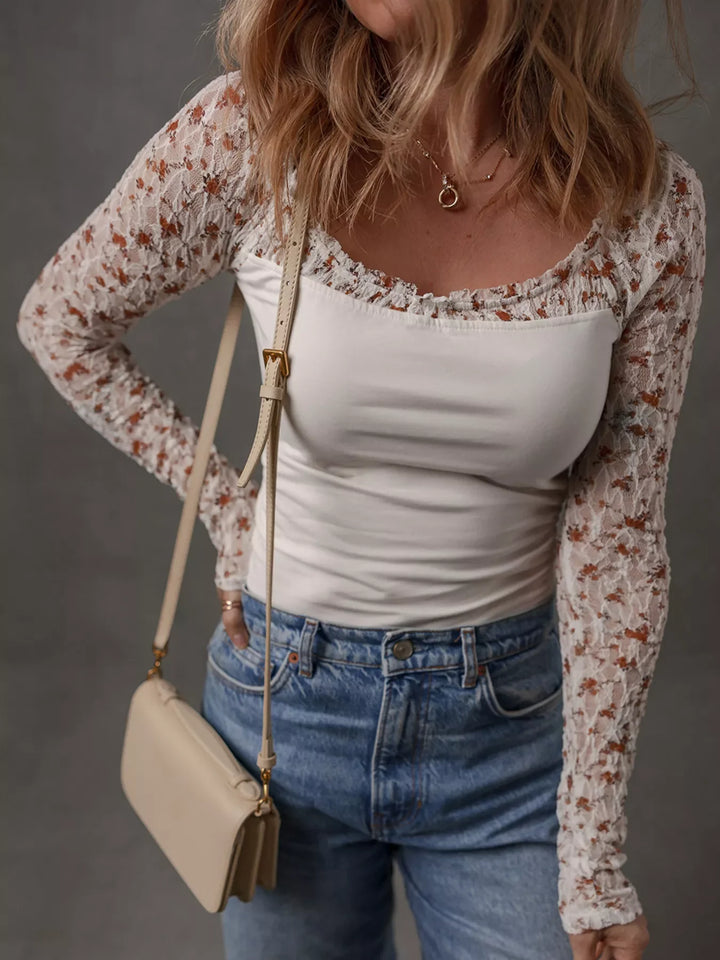 Floral Lace Patchwork Square Neck Long Sleeve Top