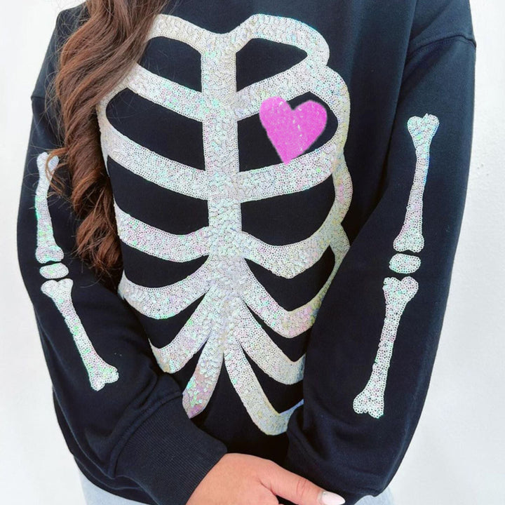Sequin Skeleton Halloween Sweatshirt for Women – Spooky Casual Crew Neck Pullover, Long Sleeve Fall Streetwear