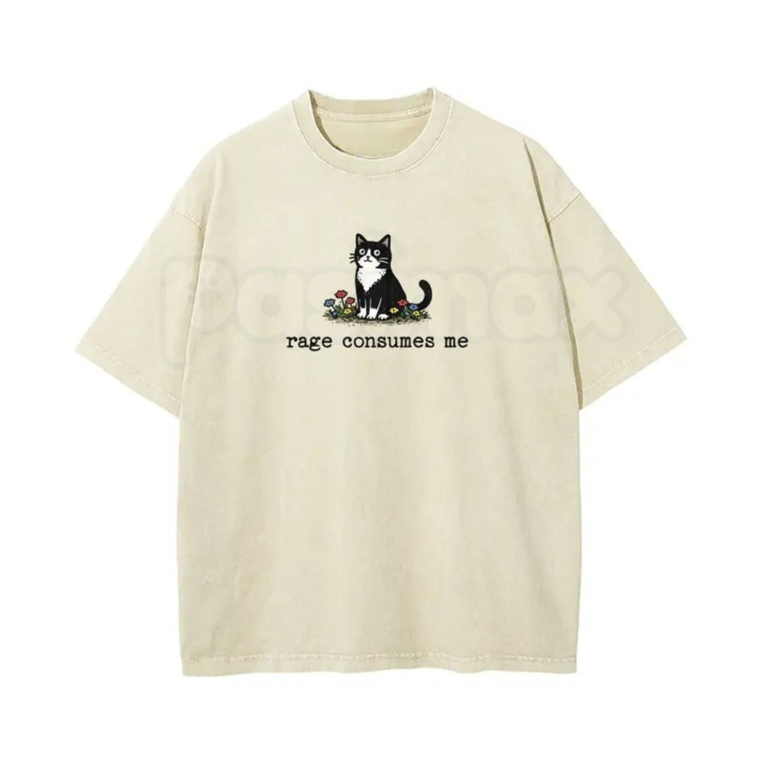 Rage Consumes Me Funny Cat Meme T-Shirt – Oversized Unisex Vintage Washed Graphic Tee, Sarcastic Animal Streetwear Top