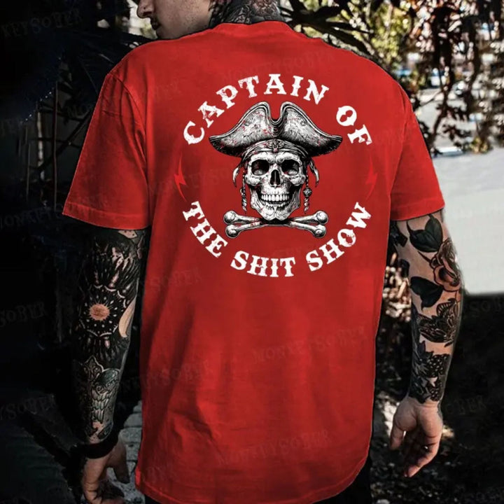 "Captain Of The Shit Show" T-Shirt - Skull Print Men's Tee, Funny & Casual Crewneck Top