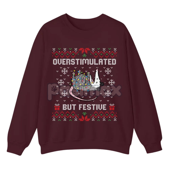 Funny Opossum Christmas Sweatshirt – "Overstimulated But Festive" Ugly Holiday Top