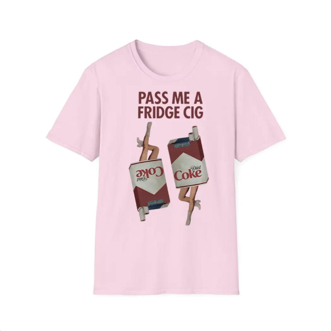 "Pass Me a Fridge Cig" Funny Graphic T-Shirt - Playful Retro Parody Tee, Unique Humor Apparel