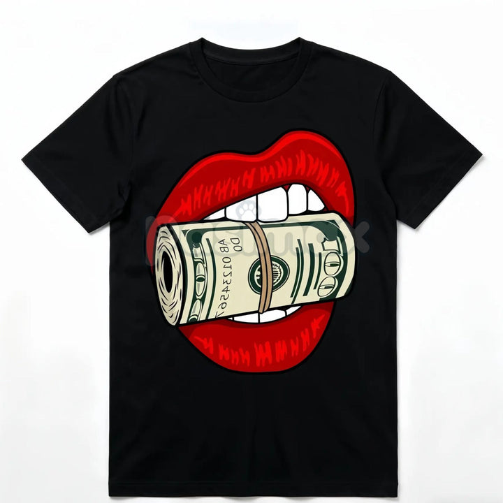 Oversized Red Lips Biting Cash Roll Graphic Tee - Edgy Streetwear Shirt, Luxury Lifestyle Apparel