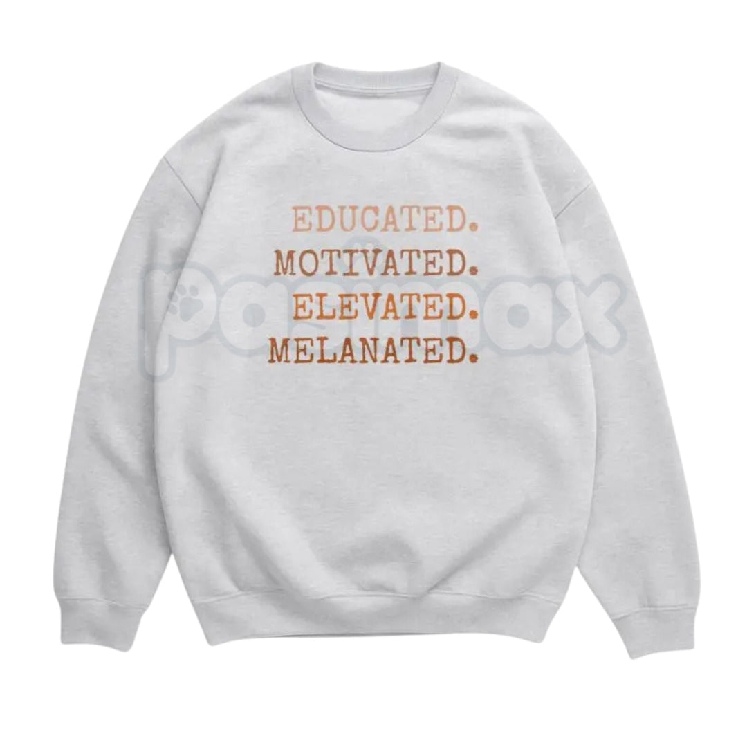 Educated Motivated Elevated Melanated Sweatshirt | Retro University Black Excellence Crewneck | Vintage HBCU Pride Jumper | Melanated Scholars Graphic Pullover | Academic Empowerment Top | Black History Month 2026 Shirt